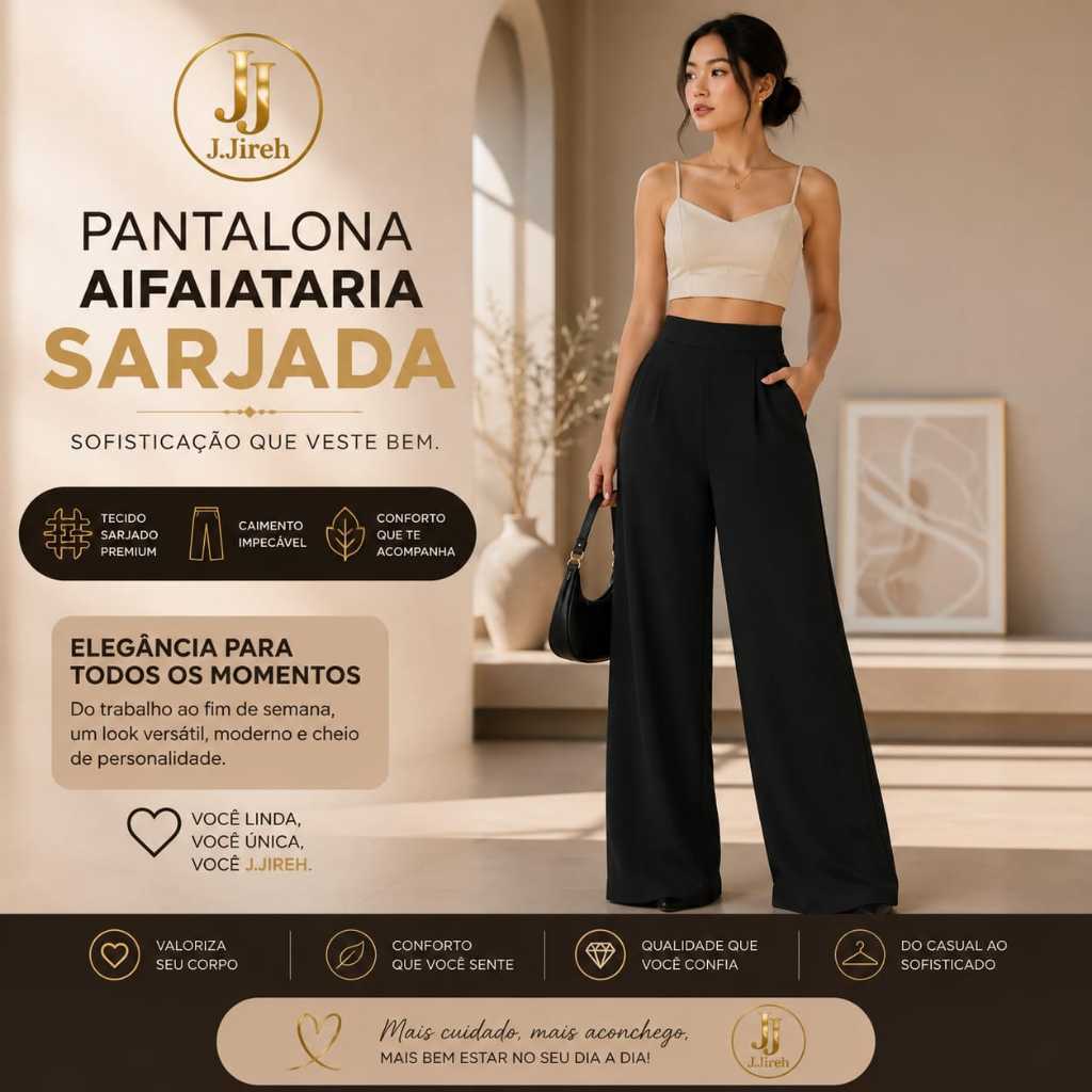 CALÇA PANTALONA FEMININA PRETA ALFAIATARIA SARJADA CINTURA ALTA ZÍPER INVISÍVEL SOCIAL ELEGANTE CONFORTAVEL VERSATIL
