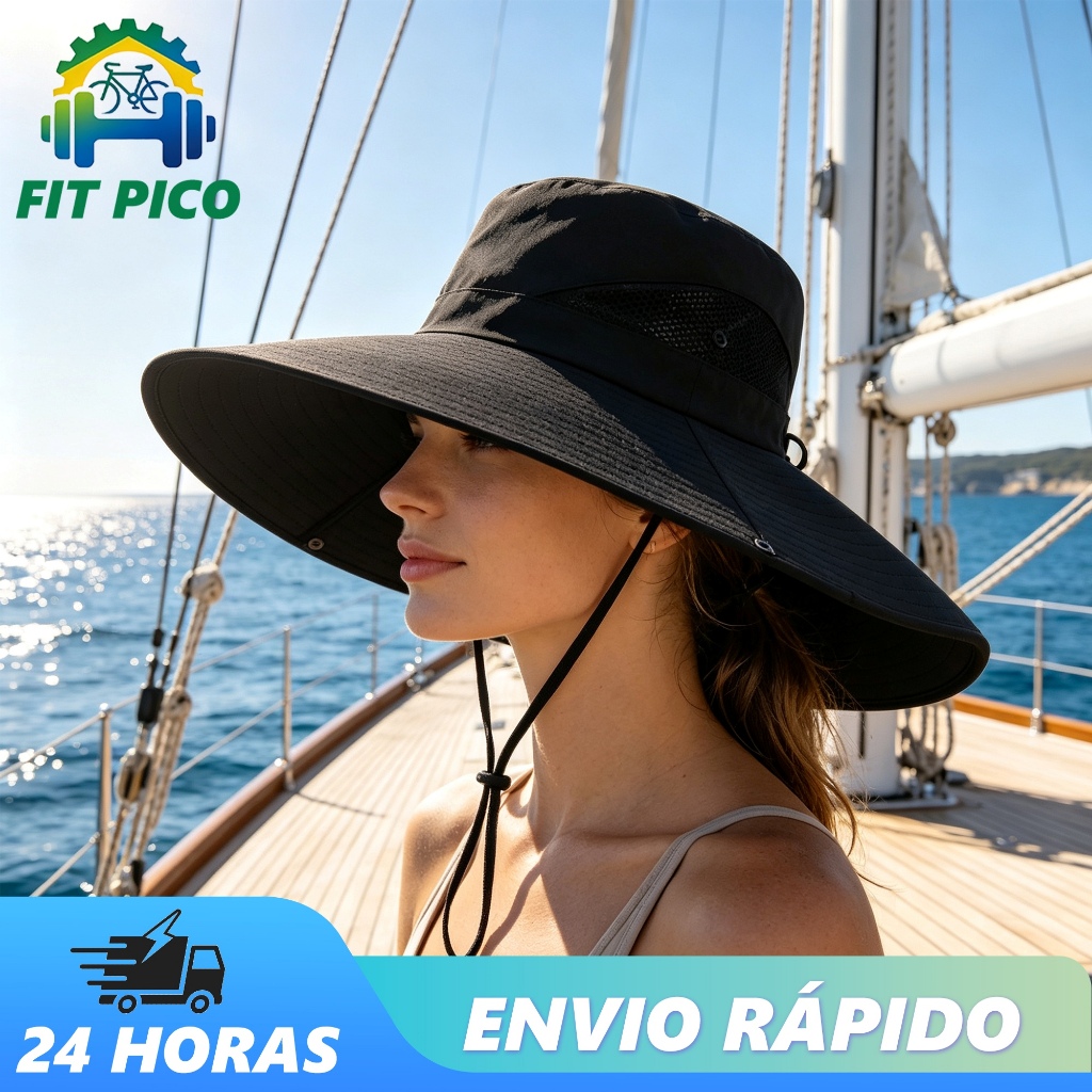Chapéu Pescador Preto Aba Larga Proteção Solar UV para Caminhada Pesca e Camping