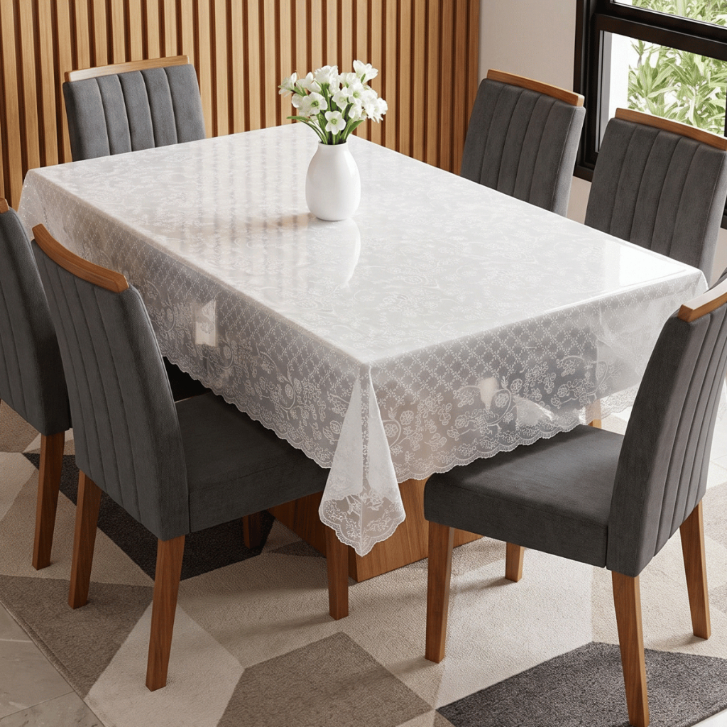 Toalha de Mesa Rendada Para 4 e 6 Lugares Várias Estampas Impermeável Decoração Plástico PVC