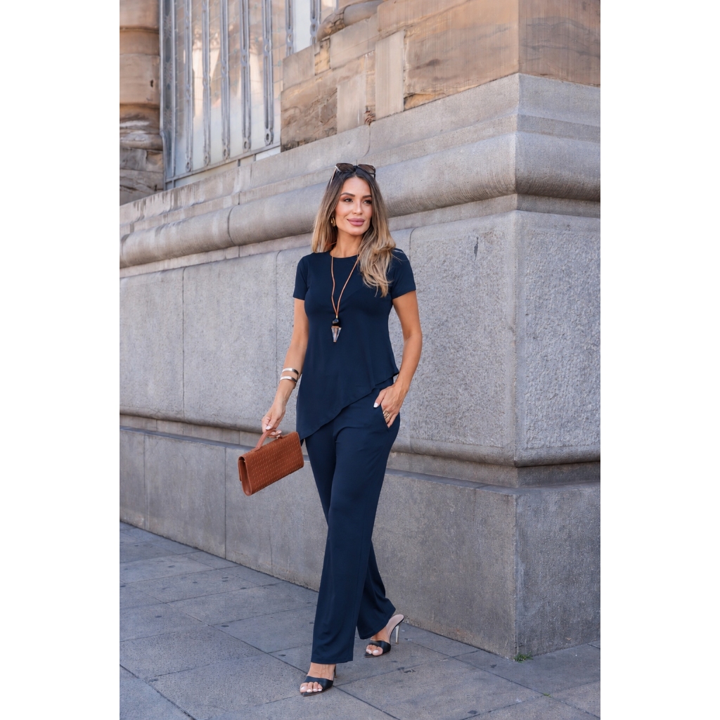Conjunto Feminino Blusa Assimétrica Manga Curta e Calça Pantalona Casual Elegante