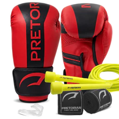 Kit Luva de Boxe e Muay Thai / kickboxing Strike Pretorian + 2 Bandagens 3.5m + Protetor Bucal + Corda Pular Sortida