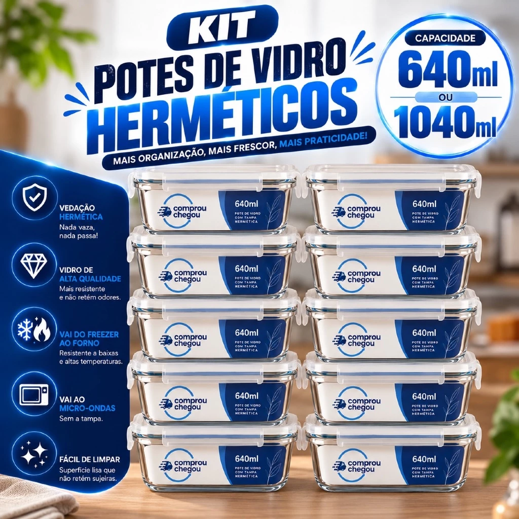Kit 10 ou 5 Potes Vidro Hermético 1040ml Retangular 4 Travas Marmita Premium