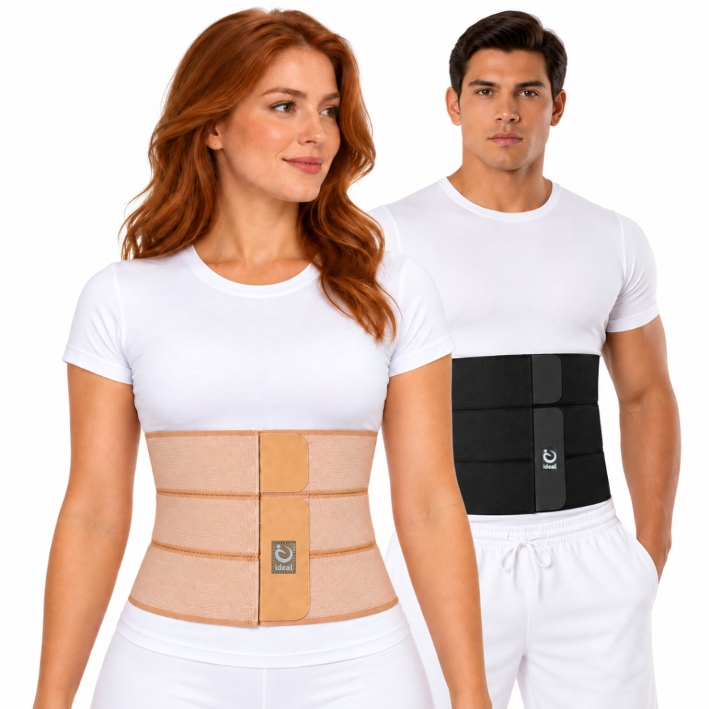 Faixa Cinta Abdominal Elástica 3 Gomos 22,5 cm Altura Unissex Compressão Ajustável Bege Preto Ideal
