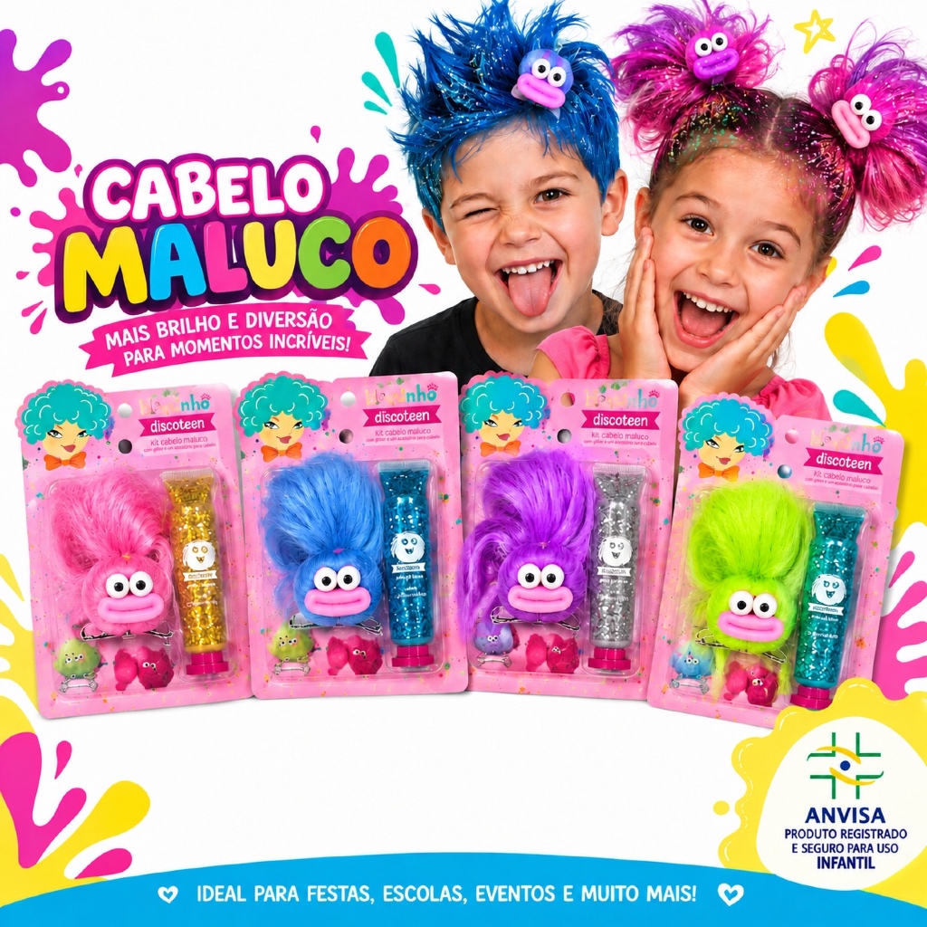 kit 02 Cabelo Maluco Infantil para Menina com Gel Glitter Presilha Bichinho Festa Escola
