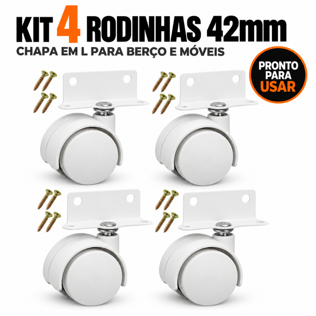 Kit 4 Rodinha 42mm Chapa Em L Universal Para Berço Móveis