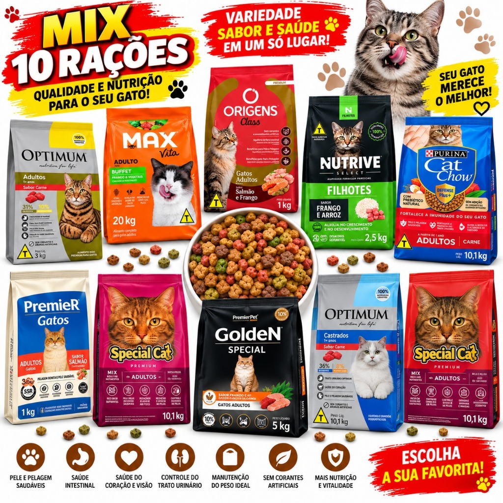 RAÇÃO PARA GATO MIX 3kg (MIX DAS RAÇÕES DE MARCAS LIDER COMO OPTMUM, Special cat, Golden, PURINA CAT CHOW PREMIER MAX