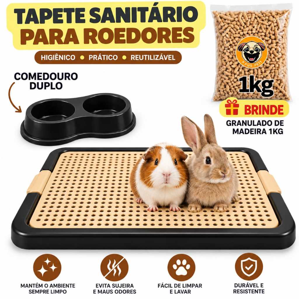 Tapete Banheiro Higiênico para Porquinho da Índia e Coelhos com Granulado 1kg e comedouro