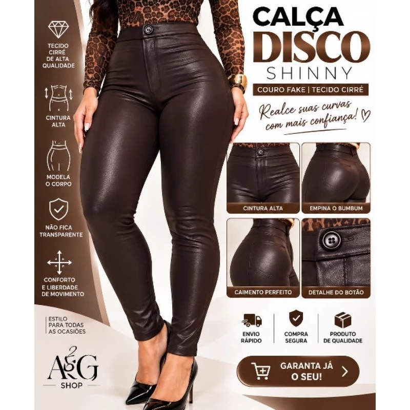 Calça Disco Cirrê Feminina Cintura Alta Legging Skinny Couro Fake com Botão e Bolsos — imagem 1