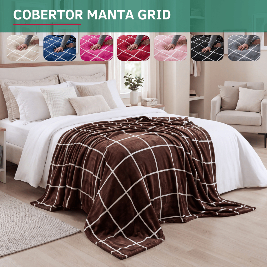 Cobertor Casal Grid 2,00x1,80m Mantinha Toque Macio Aveludado Confortável Desing Premium Luxo