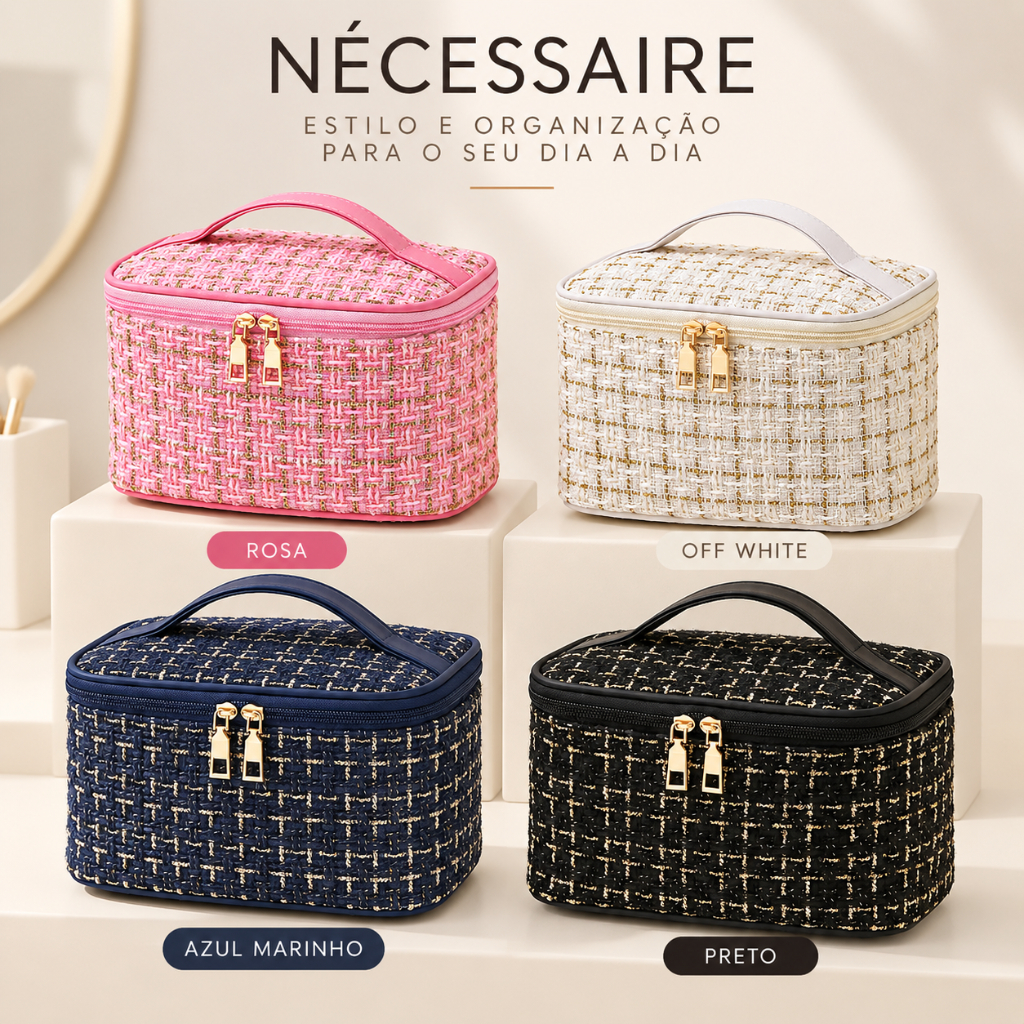 Bolsa Necessaire Tweed Feminina para Maquiagem com Zíper Para Viagem Mochila Alça