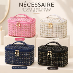 Bolsa Necessaire Tweed Feminina para Maquiagem com Zíper Para Viagem Mochila Alça