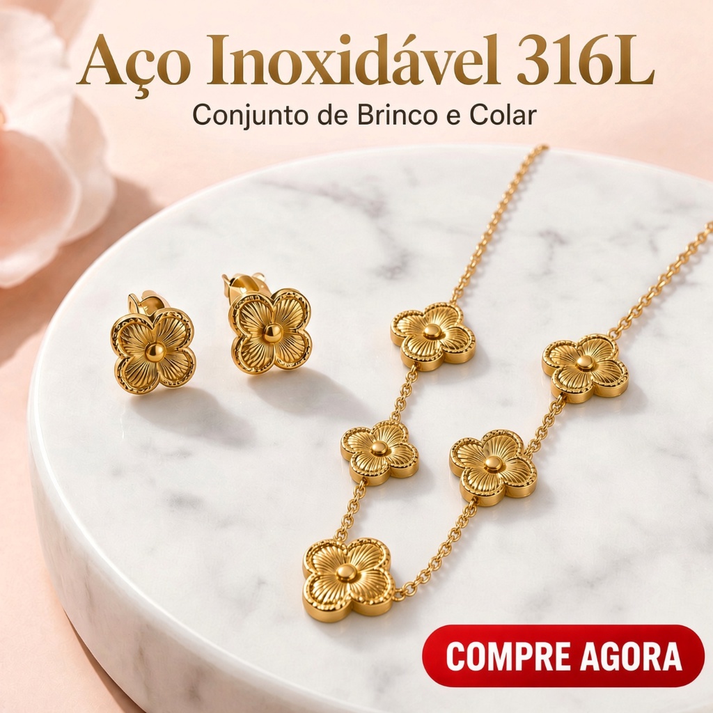 Conjunto Brinco e Colar Feminino Aço Inoxidável 316L Dourado ou Prateado Antialérgico
