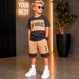 Conjunto Infantil Menino Estiloso Verão Lançamento Juvenil  Camisa e Bermuda Veste Do 2 ao 12 anos
