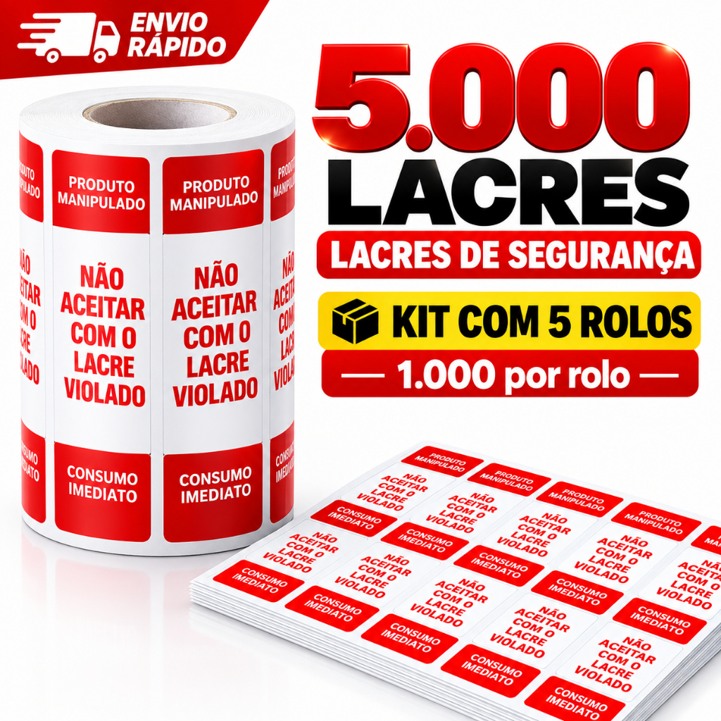 5 Rolos com 1000 unds de Lacre Delivery Ifood Vermelho embalagem Alimento Segurança etiqueta comida