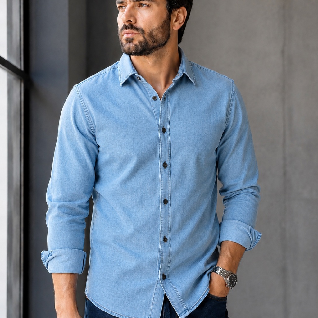 Camisa Jeans Manga Longa Social 100% Algodão Unissex Casual  Conforto Rodeio Casamento Igreja Trabalho Festa Dia a Dia