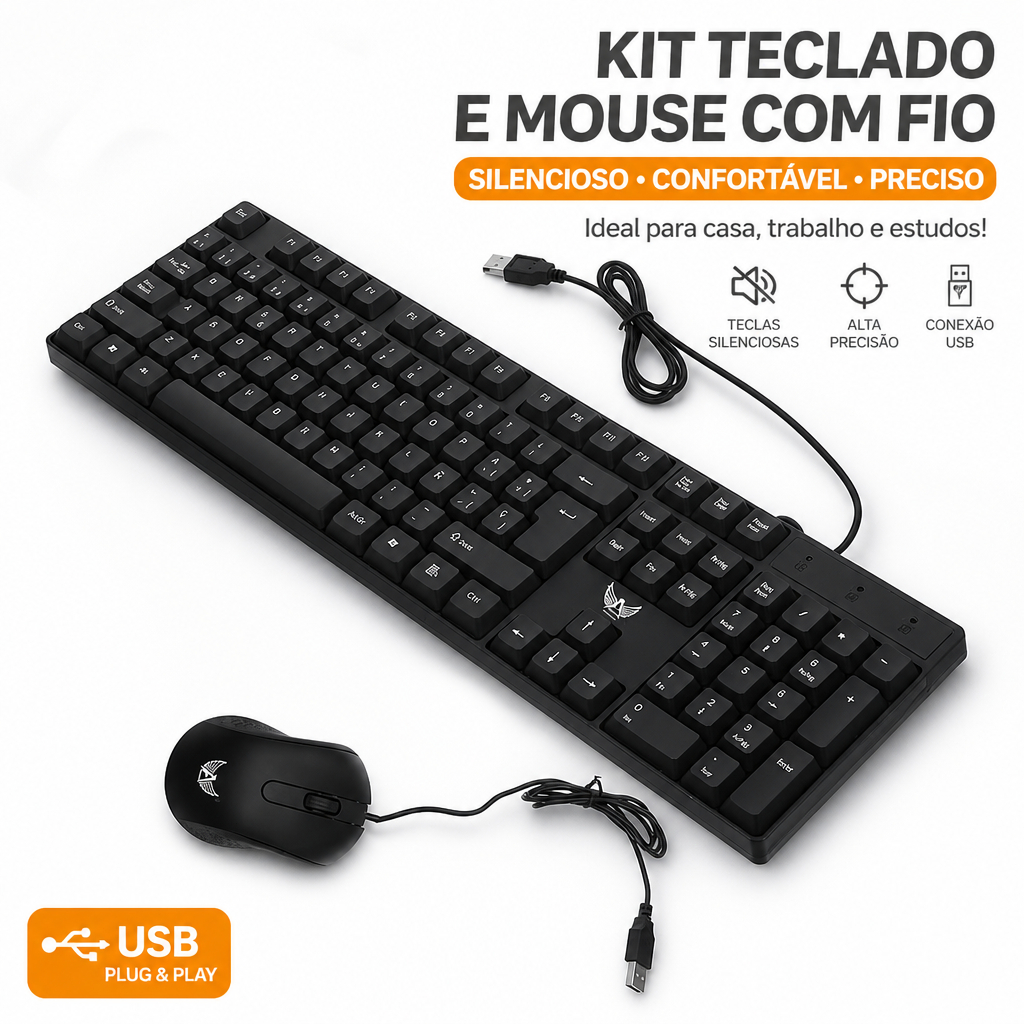 Kit Teclado e Mouse USB Com Fio Ergonômico Silencioso Preto Conforto e Precisão para PC Notebook