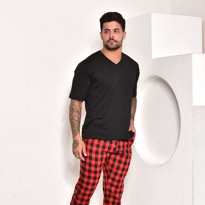 S2 Modas Pijama Conjunto Masculino Calça de Flanela e Camiseta Gola V Confortável Meia Estação do M ao G1