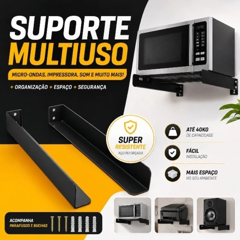 Suporte de Parede Multifuncional em Aço Preto para Forno, Micro-ondas e Bebedouro