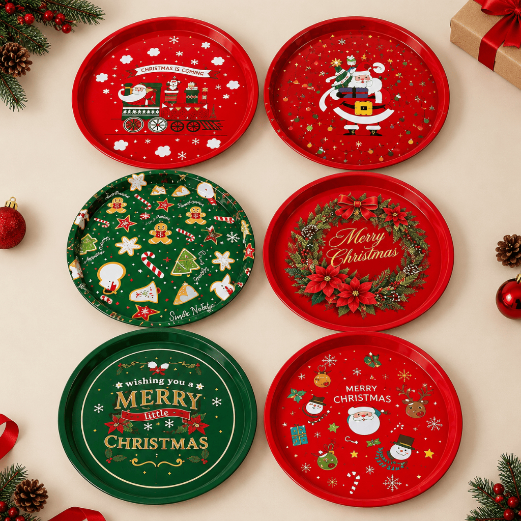 Bandeja de Metal Decorativa de Natal Redonda - 32x32x1,5cm - Premium | Decoração Natalina