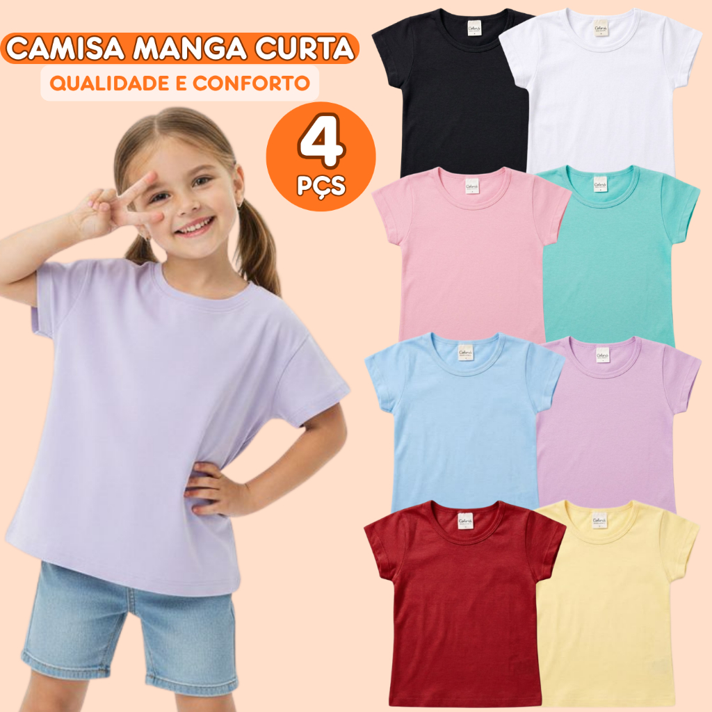 Kit 4 Blusas Manga Curta Infantil Menina Básica Lisa Camiseta Basicas