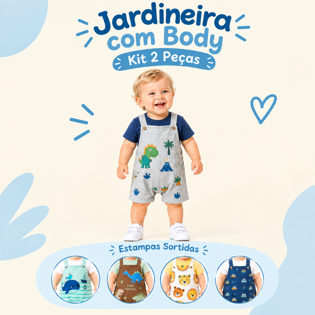 Kit Bebe Menino 2 Peças Jardineira com Body Roupa Masculino Infantil Verao Leve Confortável Sortido