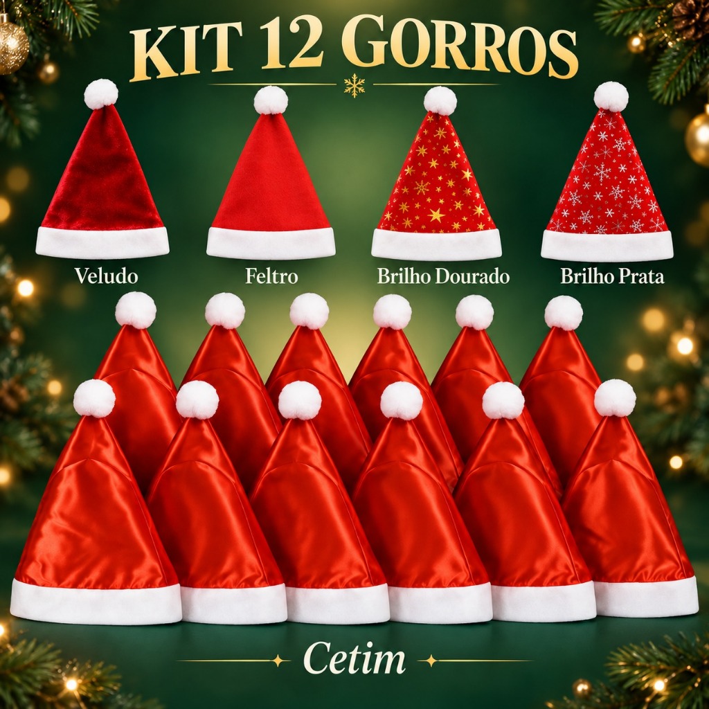 Kit 12 Gorro Touca Papai Noel Natal Veludo e Cetim Liso e Estampado