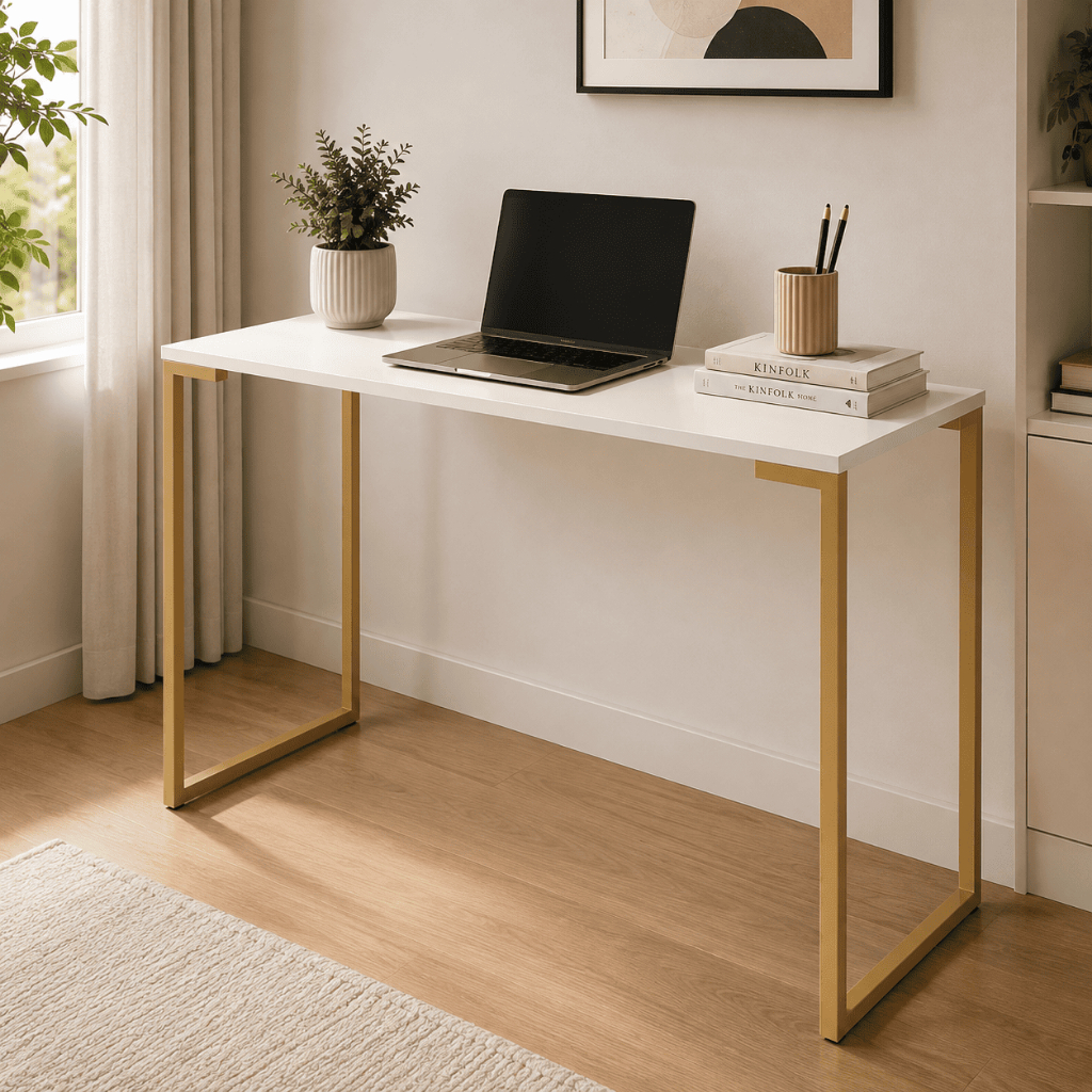 Escrivaninha Mesa de Computador Industrial Para Quarto Home Office 90cm Pes Metal Dourado