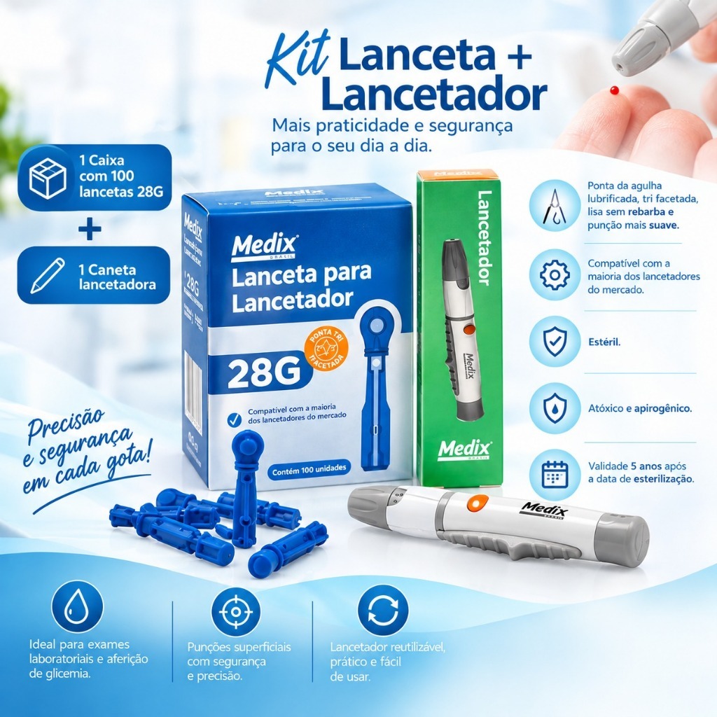 KIT LANCETADOR + 100 LANCETAS UNIVERSAL UNIQMED MEDIR GLICOSE GLICEMIA