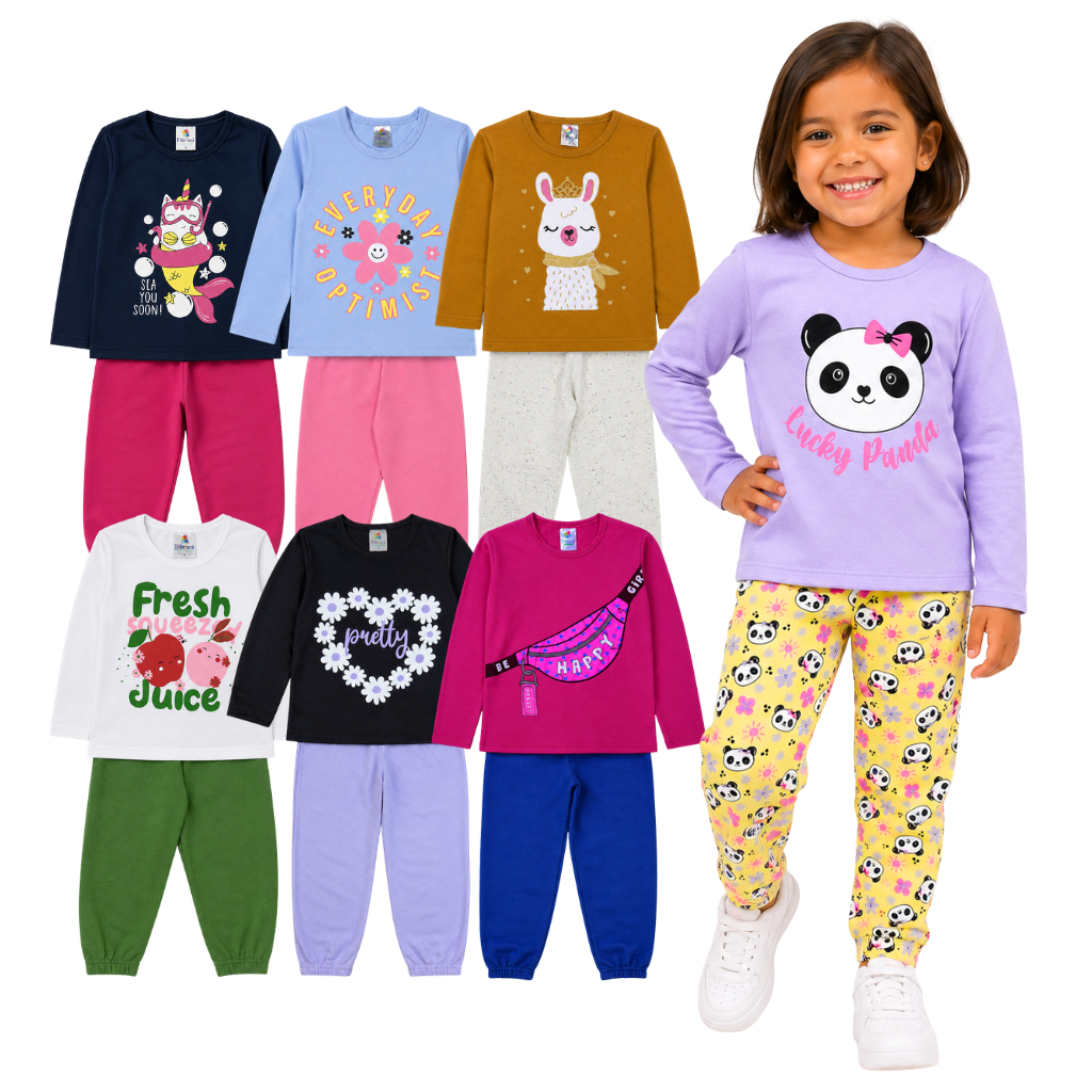 Kit 6 Peças Infantil Manga Longa Menina Calça + Blusa Meia Estação Roupa Feminina 3 Conjuntos