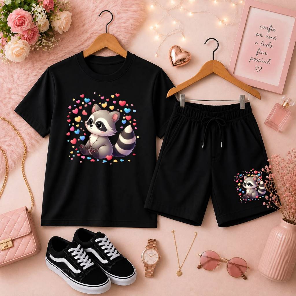 Conjunto Infantil Feminino Menina Camiseta Básica + Short de Moletom Look Casual Moderno e Confortável Animalzinho Fofo