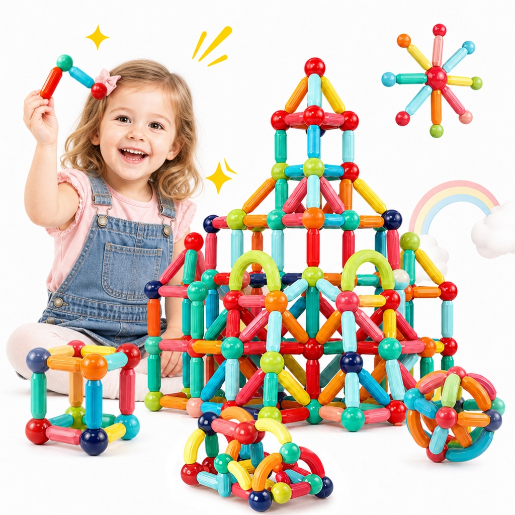 Blocos Magnéticos Hastes e Bolas 150 Peças | Brinquedo Educativo Construção 3D STEM, Presente de Dia das Crianças