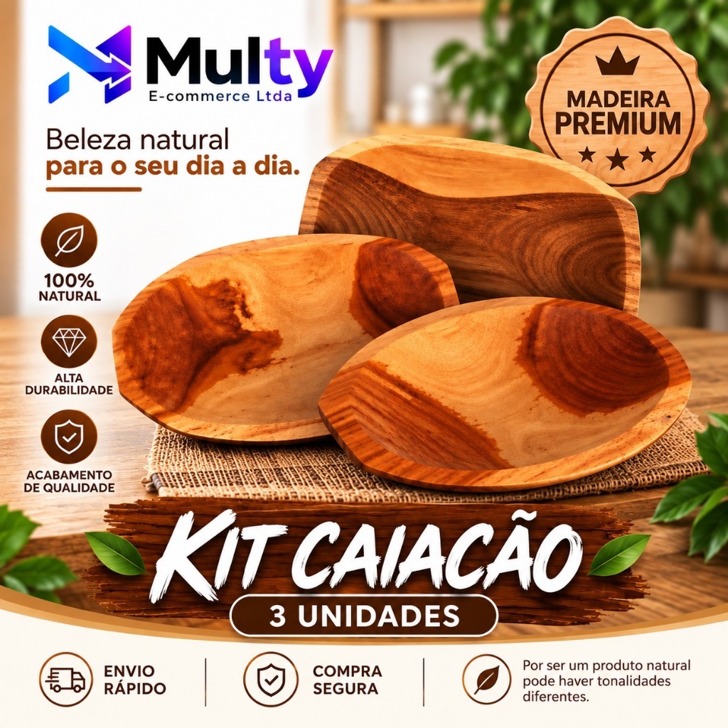Kit Caiacão com 3 unidades madeira maciça rústico churrasco petisco frios decoração