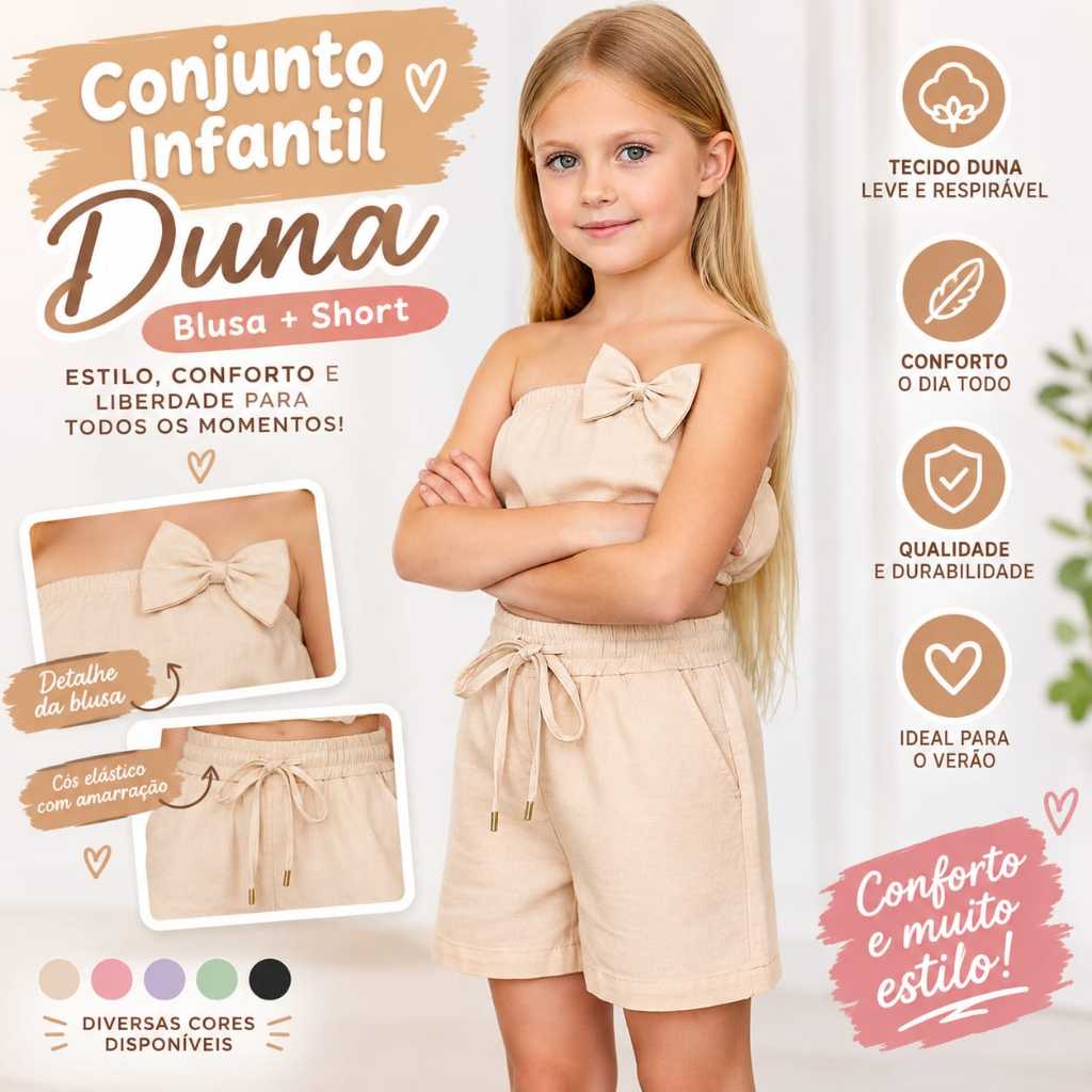 Conjunto Infantil Menina Duna Verão Fresquinho Confortável Top e Short Moda Infantil Estilosa