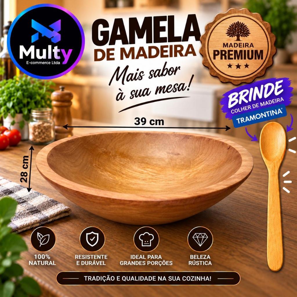 Gamela redonda grande, 39cm diâmetro, madeira maciça, rústica, muito resistente, churrasco