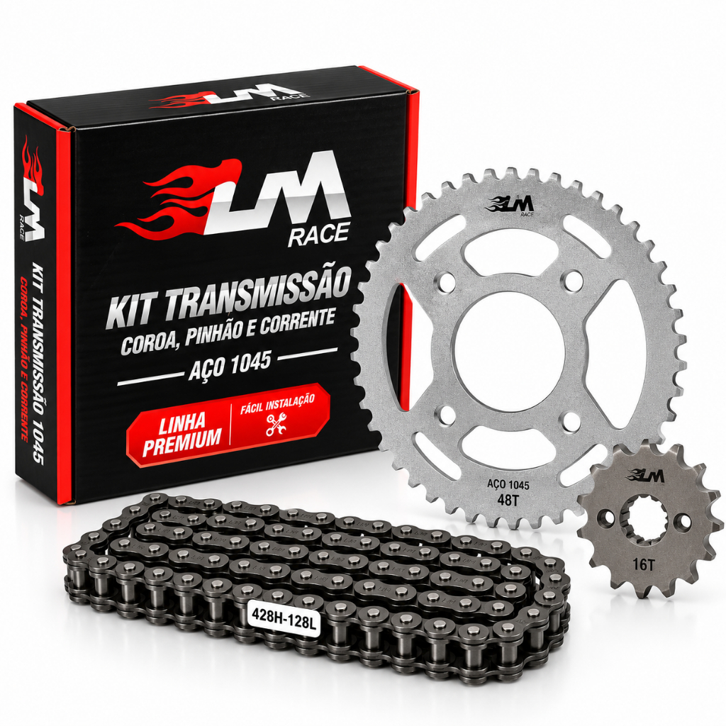 Kit Relação Transmissão Honda Bros 160 Xre 190 Kit Premium Lm Race Aço 1045 Reforçado Corrente Coroa Pinhão