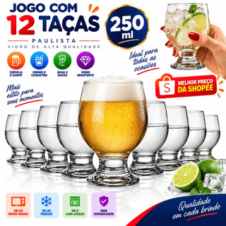 Kit Jogo 12 Taças Paulista Água 250ml Água Vinho Vidro Copo Refrigerante Bar Drink Restaurante - Nadir Figueiredo