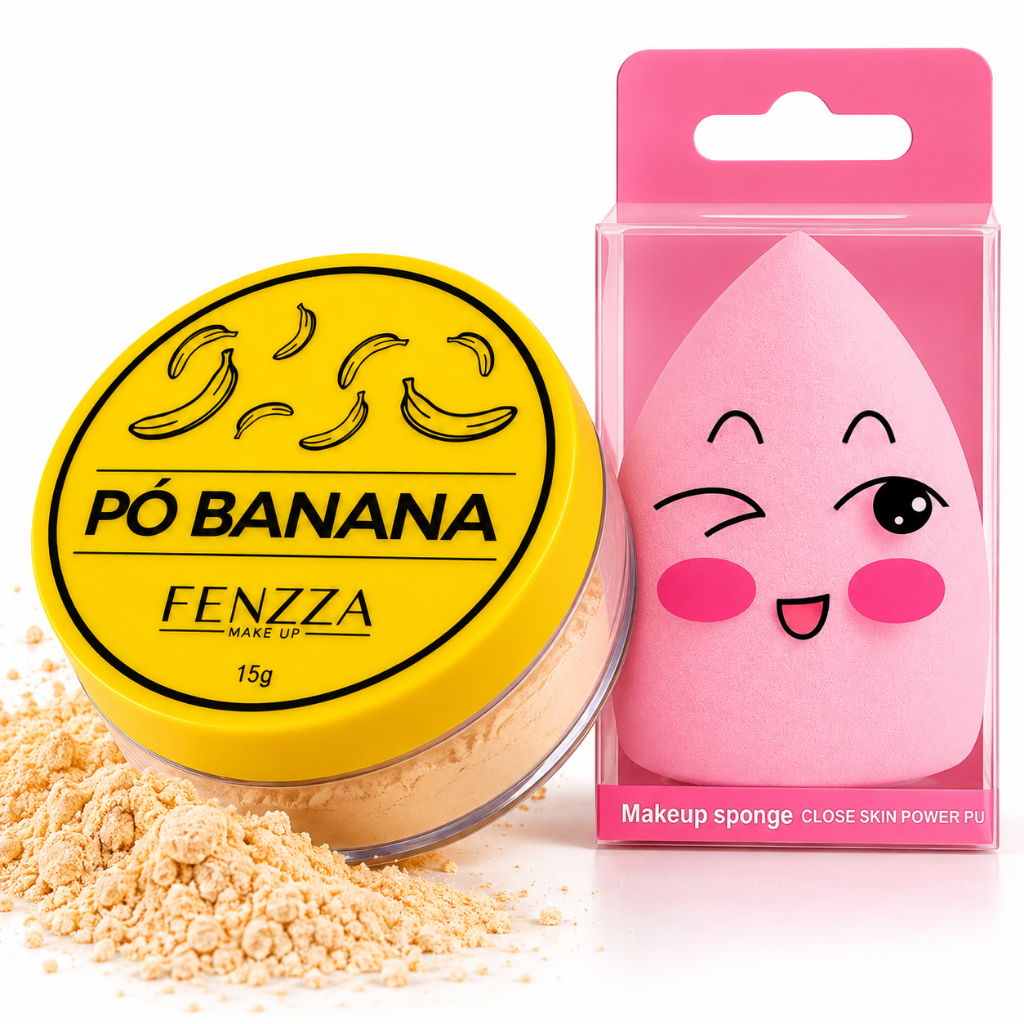 Kit Pó Banana + Esponja de Maquiagem 2 Itens Pó Facial Solto Acabamento Aveludado