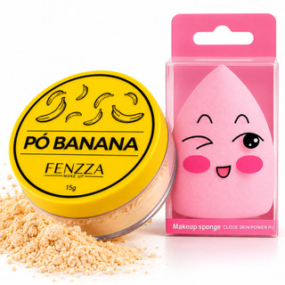 Kit Pó Banana + Esponja de Maquiagem 2 Itens Pó Facial Solto Acabamento Aveludado