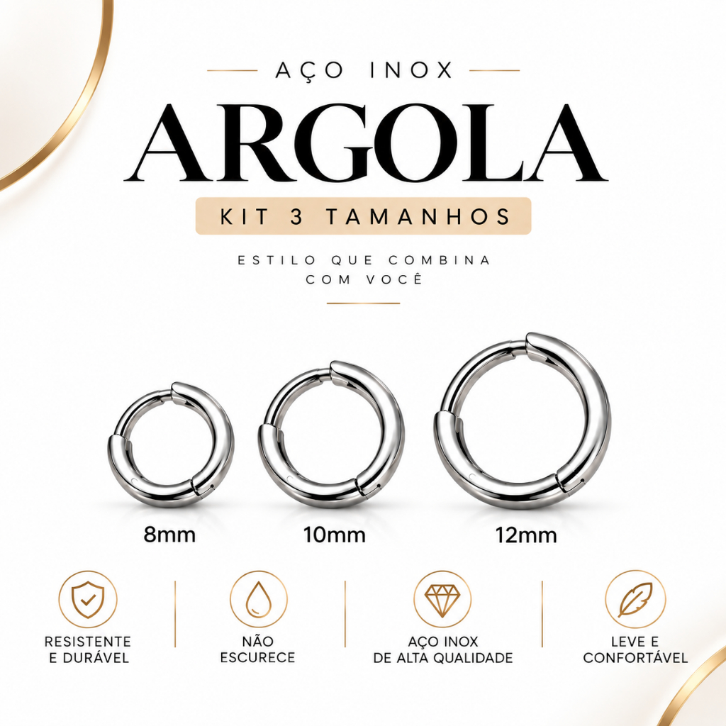 Kit 3 Pares Brincos Argola Aço Inoxidável Prata 8mm 10mm 12mm Unissex