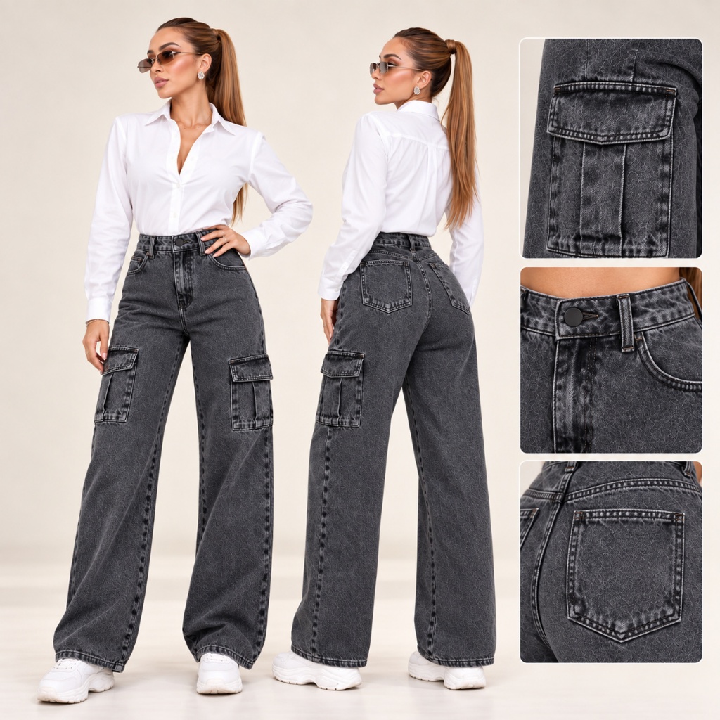 Calça Jeans Feminina Wide Leg Cargo Preta Marmorizada Cintura Alta 100% Algodão Sem Elastano Bolsos Laterais
