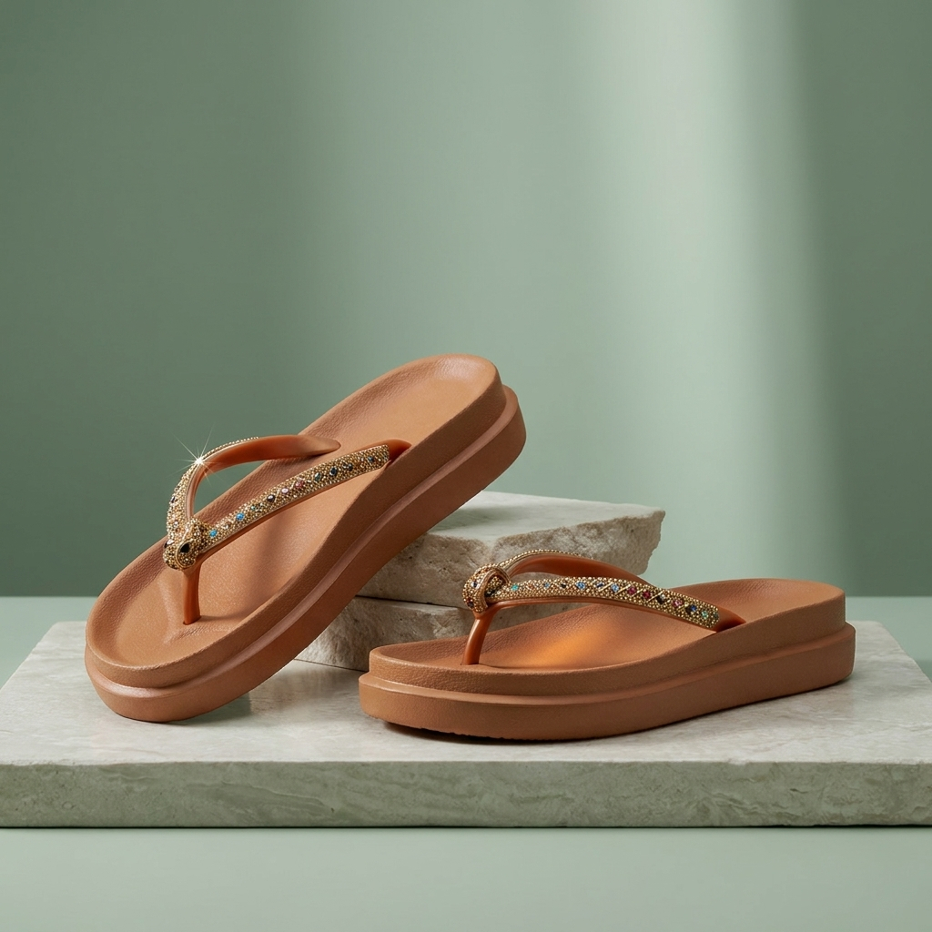 Papete Alta Feminina Plataforma Sandália Feminina Strass Pedraria Luxo Chinelo De Dedo Confortável