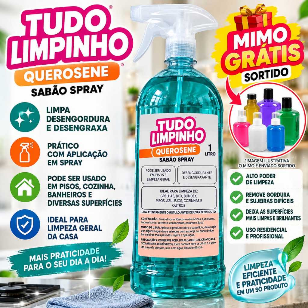Sabão Spray Querosene Tudo Limpinho 1L Limpa Vidros Desengordurante Desengraxante