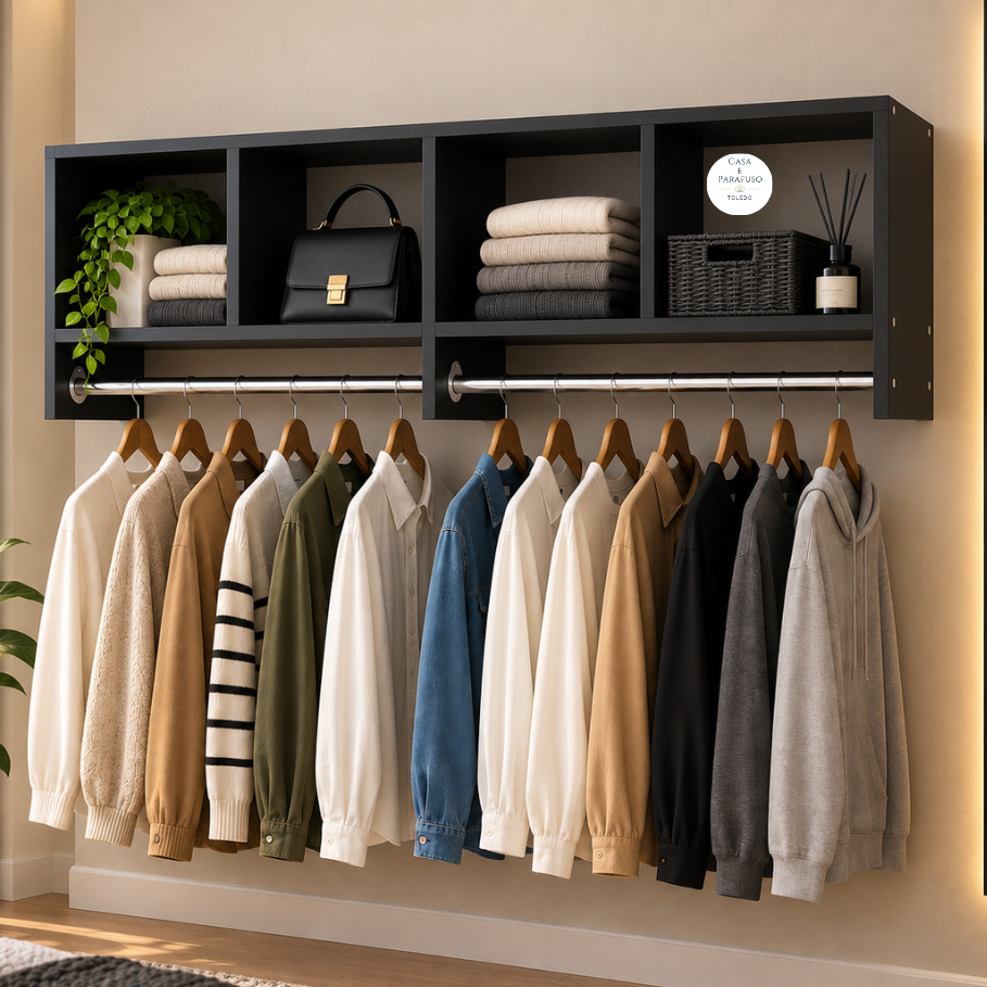 Closet Modular Adaptável com Nichos e Cabideiro | Organizador de Parede 119