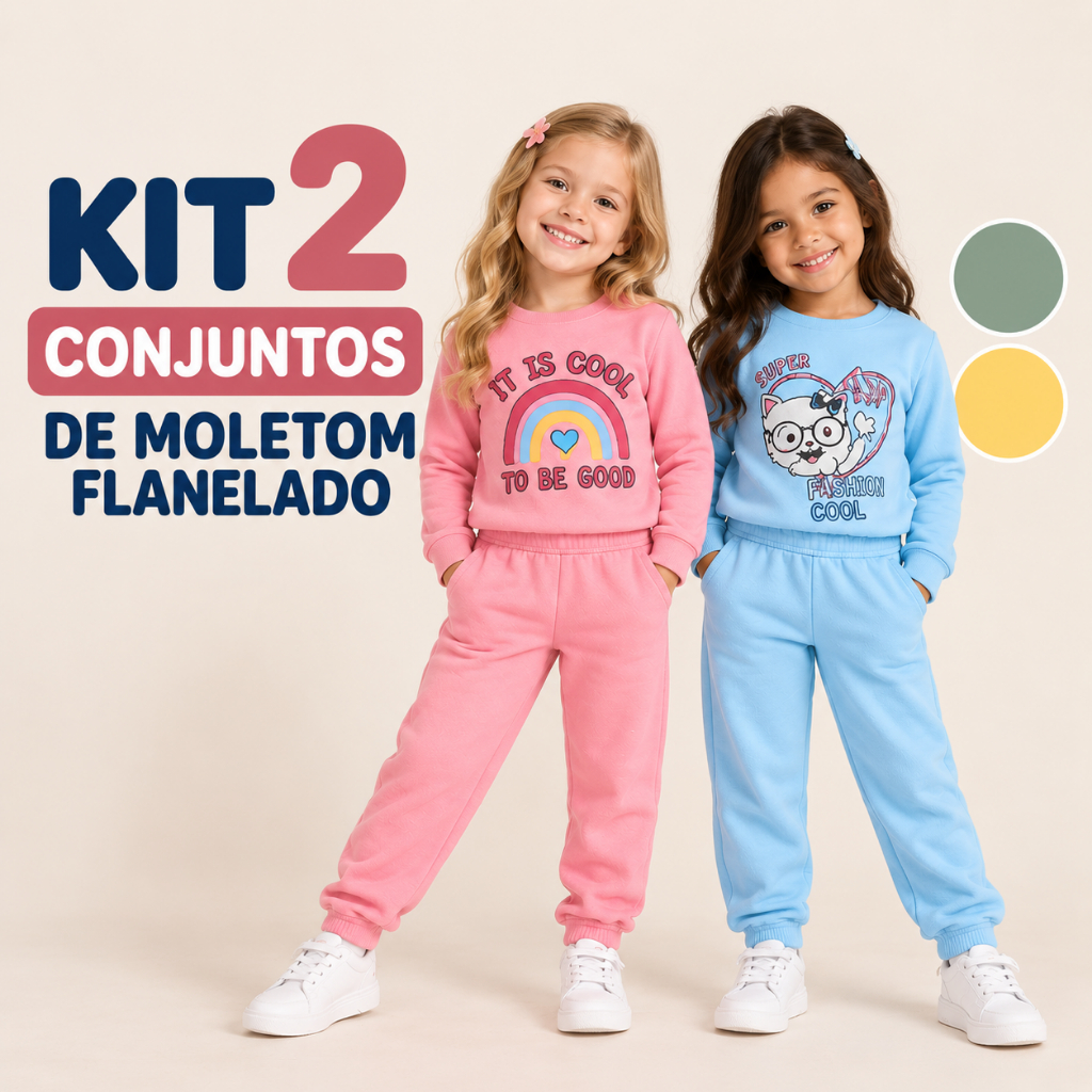 Kit 2 Conjuntos Moletom Flanelado Inverno Menina Roupa Infantil Kit 4 Peças Sortidas (2 blusas + 2 calças) Dia a Dia