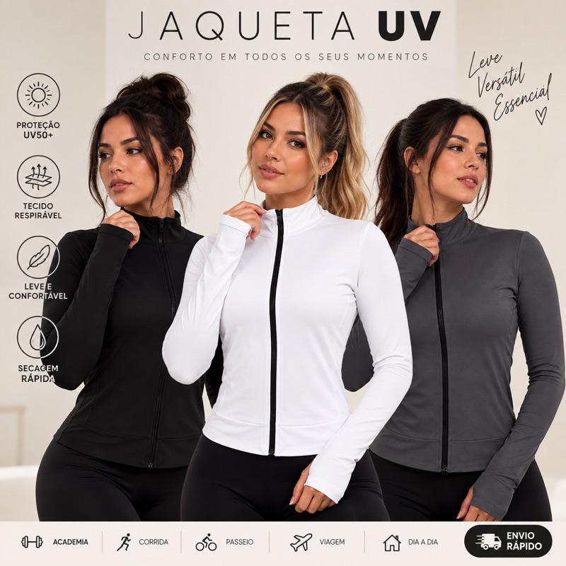 CASACO JAQUETA FEMININA ESPORTIVA DRY FIT UV 50+ ZÍPER SLIM FITNESS CAMINHADA TREINO ACADEMIA