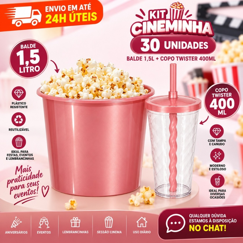 Kit 30 Cinema Cristal Balde Pipoca 1,5L + Copo Twister 400ML - festas - aniversário - Lembrancinhas
