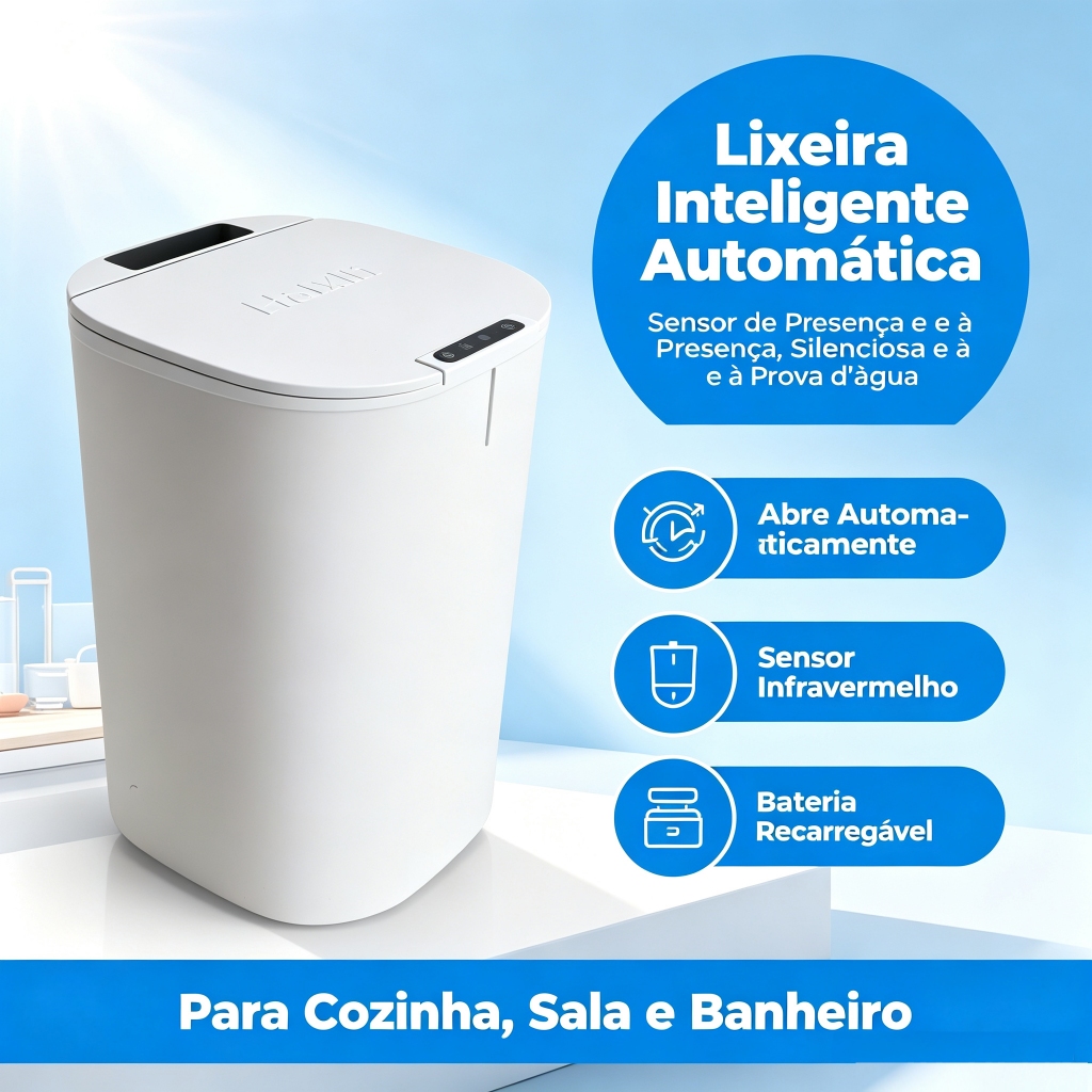 Lixeira Inteligente com Sensor Automático Sem Toque, 16L, Ideal para Banheiro, Cozinha e Escritório