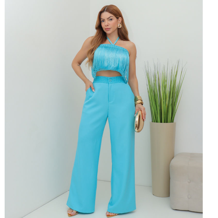 Conjunto Feminino Cropped com Franjas e Calça Pantalona Cintura Alta Elegante 3RD SD4044