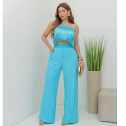 Conjunto Feminino Cropped com Franjas e Calça Pantalona Cintura Alta Elegante 3RD SD4044