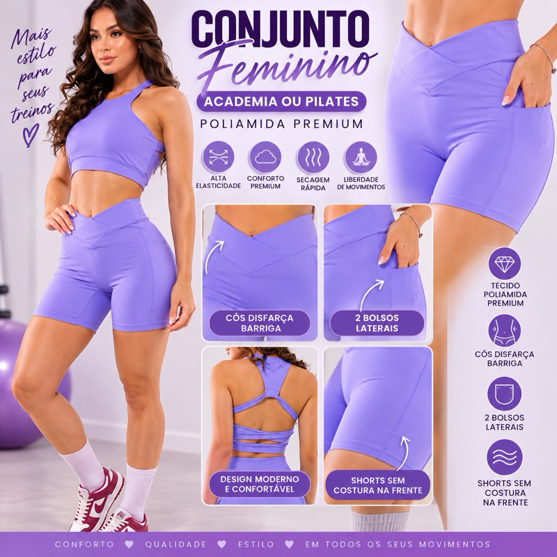 Conjunto Academia Feminino Poliamida Shorts sem costura com bolso - Moda fitness feminina